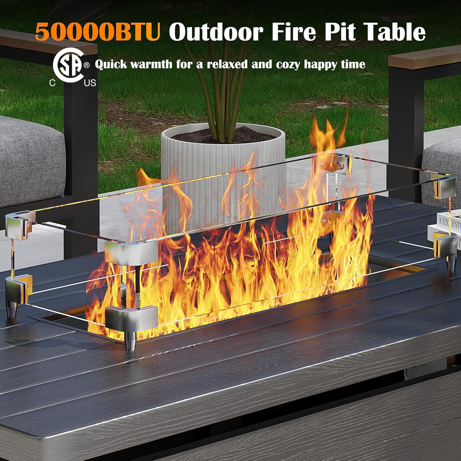 Sundale Outdoor 51 Inch Outdoor Fire Pit Table, 50,000BTU Rectangle Propane Fire Pit with Sliding Tank Holder, Glass Wind Guard, Removable Lid, CSA Certified, Gray