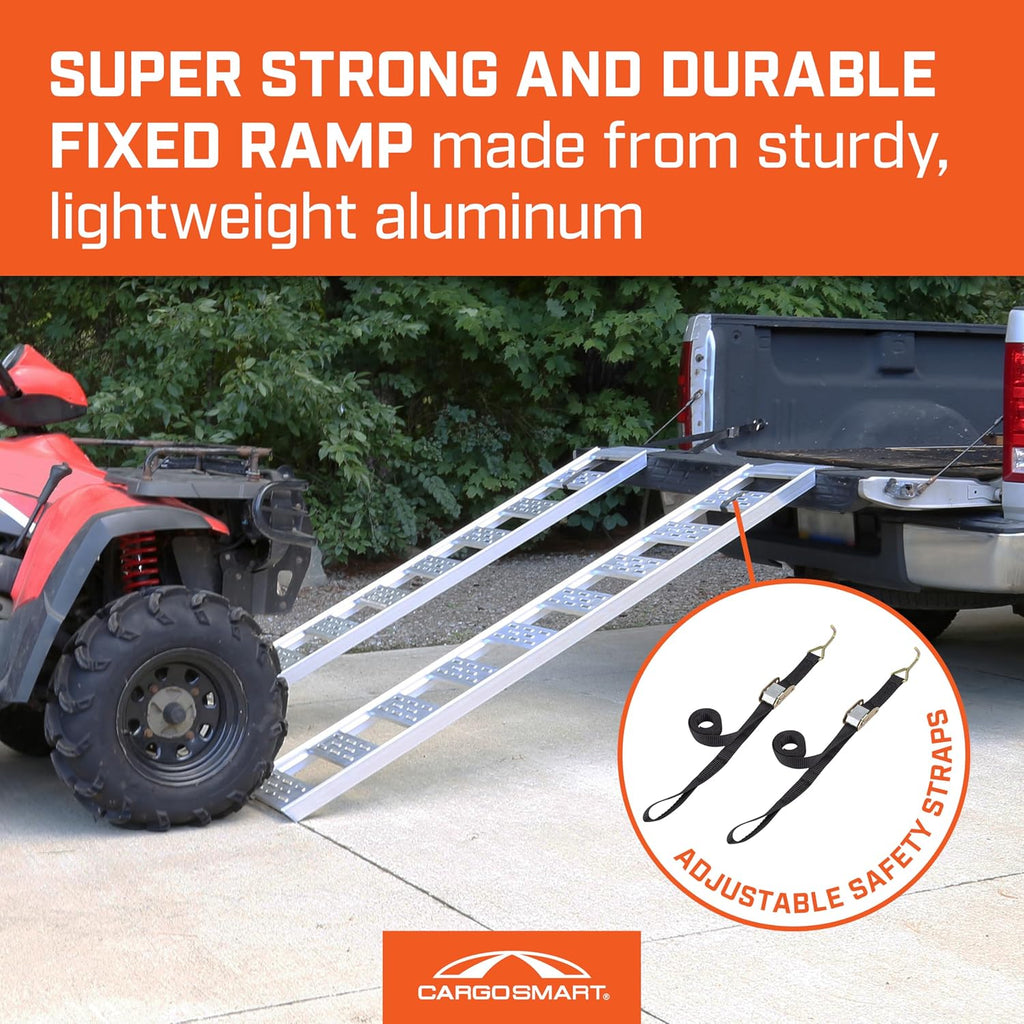 CARGOSMART Aluminum Straight Fixed Ramp with Treads (2pk) - Easily and Safely Load and Unload Light Equipment, Lawn Tractors, ATVs and More, 1,250 lb. Capacity, 12' W x 78' L