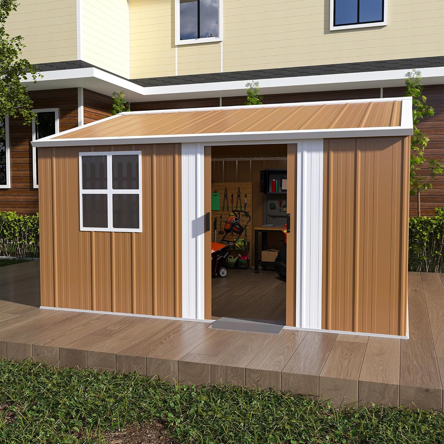 10x12 Outdoor Storage Shed, Heavy Duty Metal Shed, Lockable Garden Sheds with Sliding Door, Window and Airflow Design, Waterproof Steel Tool Sheds & Outdoor Storage for Backyard