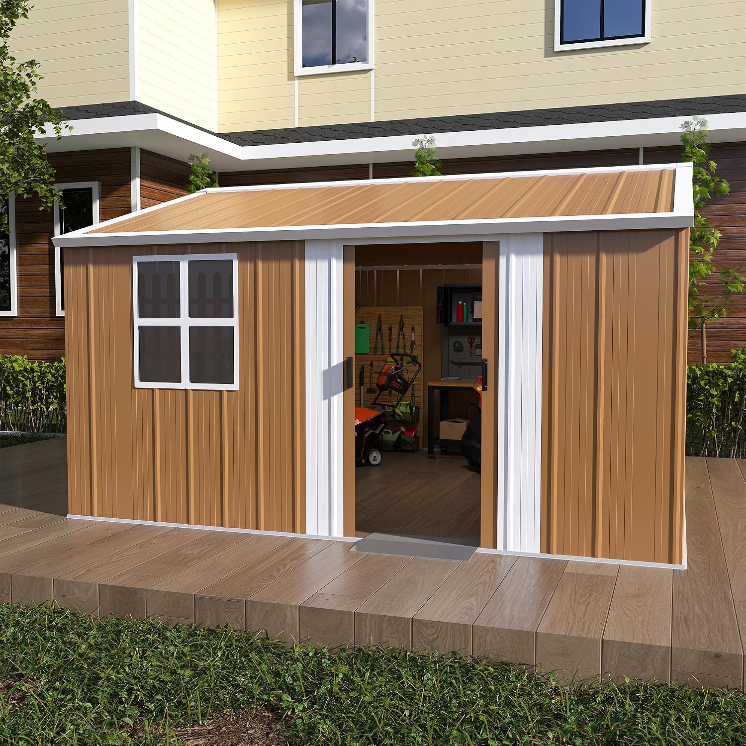Outdoor Storage Shed, Heavy-Duty Metal Steel Shed with Windows, Lockable Door & Ventilation, Weatherproof Garden Shed for Backyard, Lawn, and Tool Storage (10x12 FT)