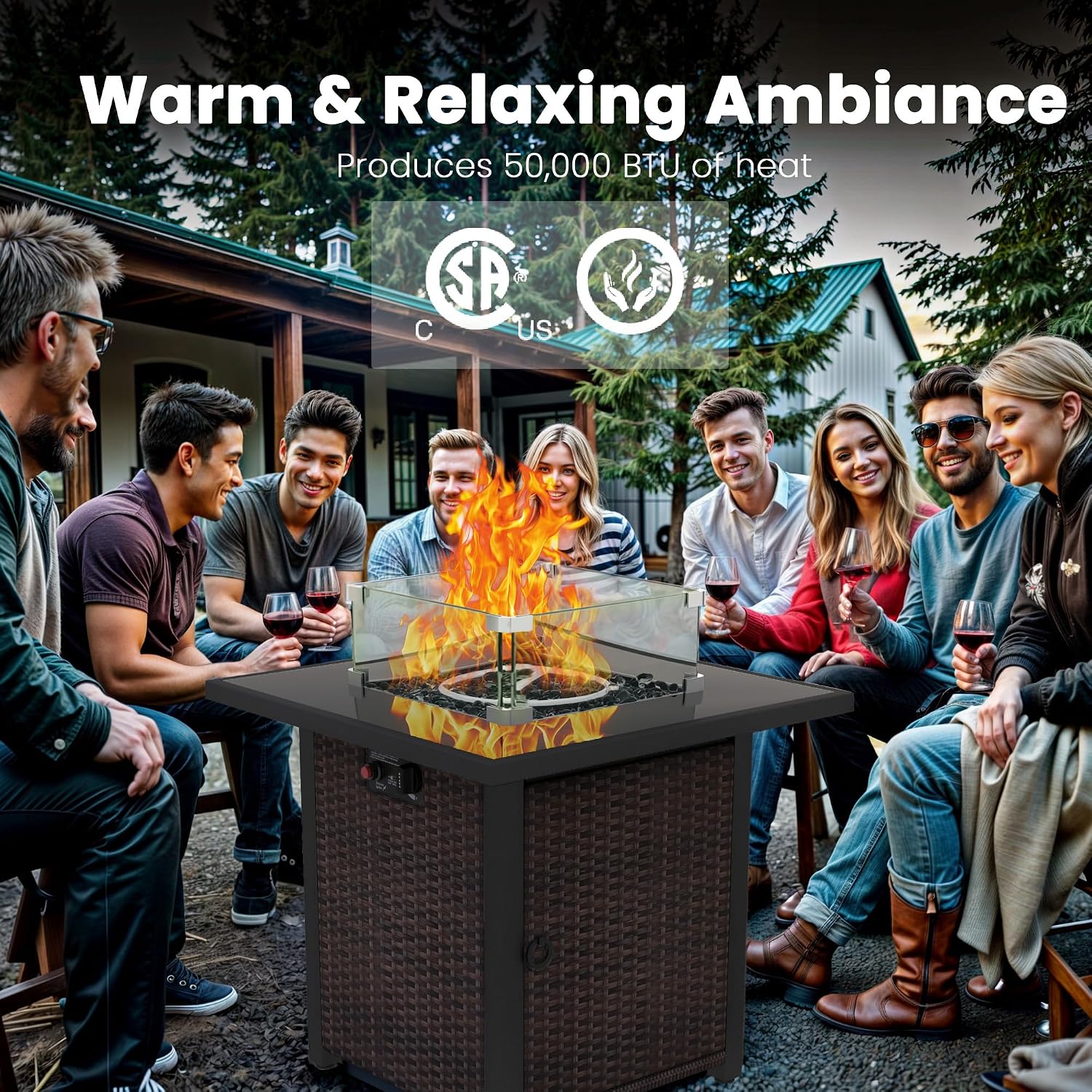 Propane Outdoor Fire Pit Table, 28' Rattan Square Fire Pit Table, Outdoor Gas FirePit W/Glass Wind Guard, Tempered Glass Tabletop, Lid, CSA Listed, 50,000 BTU, Outside Patio Deck & Garden, Brown