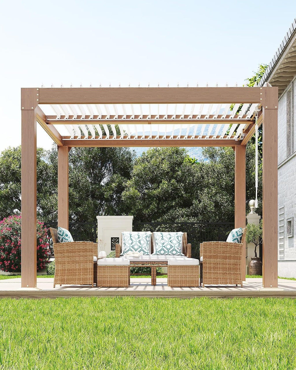 GarveeLife Louvered Pergola 10 ft x10', Outdoor Pergola with Adjustable Louvered Roof, Reinforced Aluminum Frame, Integrated Drainage System, Hardtop Gazebo for Patio, Deck, Wood Grain