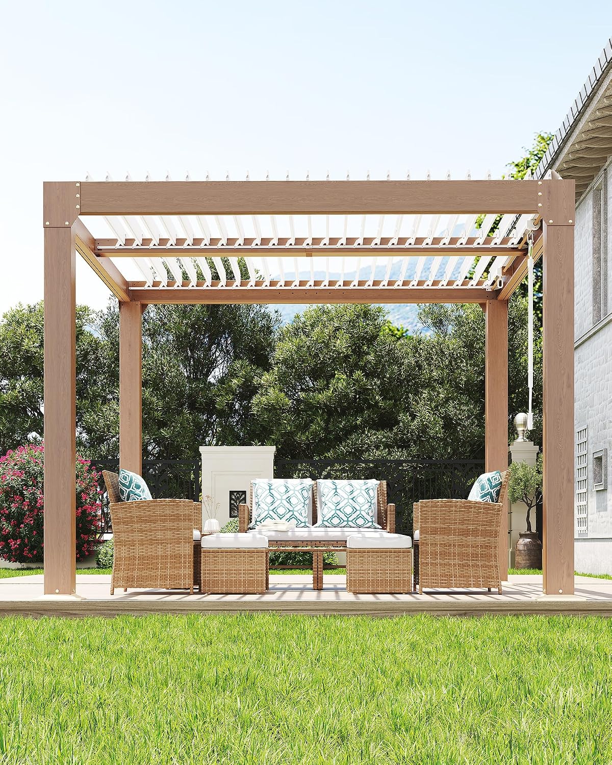 GarveeLife Louvered Pergola 10 ft x10', Outdoor Pergola with Adjustable Louvered Roof, Reinforced Aluminum Frame, Integrated Drainage System, Hardtop Gazebo for Patio, Deck, Wood Grain