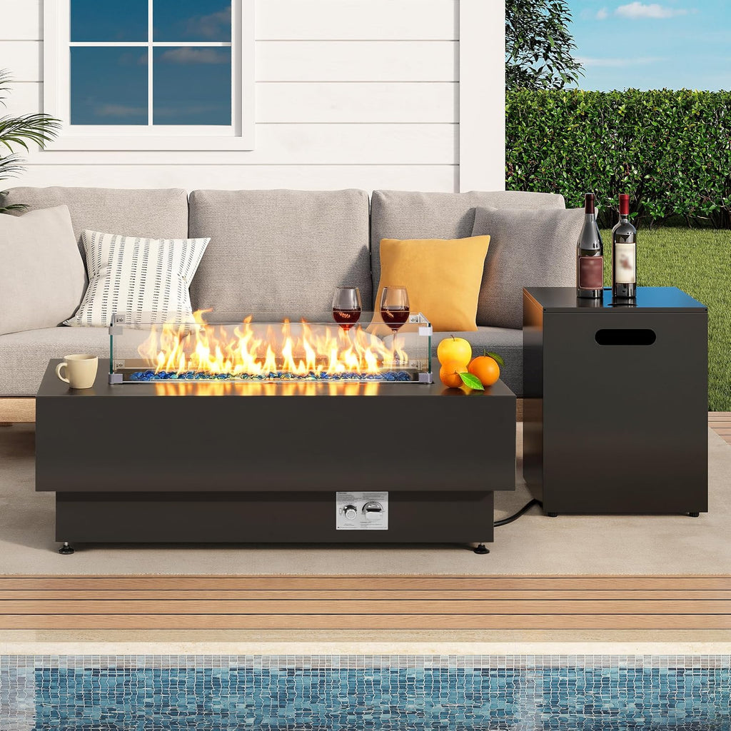 IRONCK 43-inch Outdoor Propane Fire Pit Table w Tank Table, CSA Certified, 2 in 1 Rectangular Patio Fire Pit w Glass Rocks, Wind Guard and Cover, 50000 BTU Outdoor Heater for Pool, Garden, Black