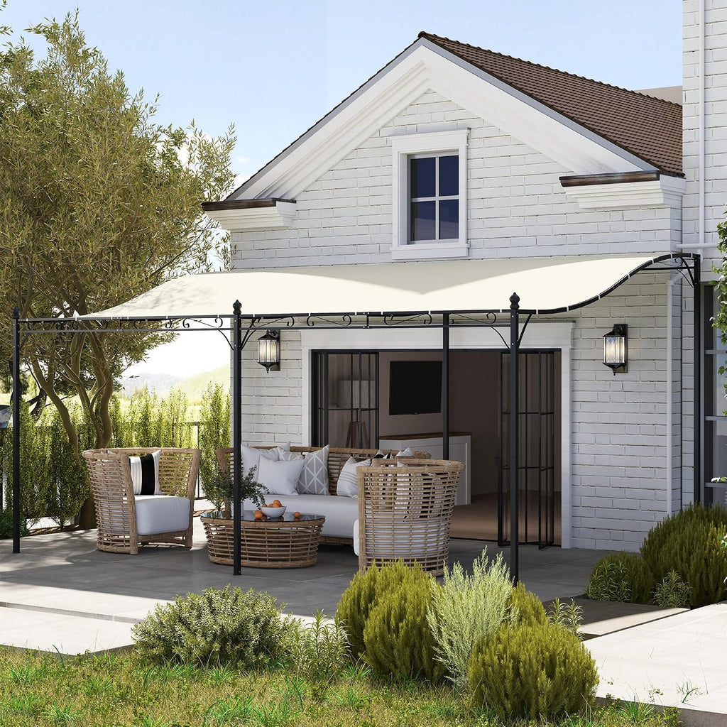 Outsunny 10' x 16' Outdoor Pergola Canopy, Wall-Mounted Metal Patio Canopy with Weather-Resistant Fabric and Drainage Holes for Backyard Garden Porch Beach, Cream White