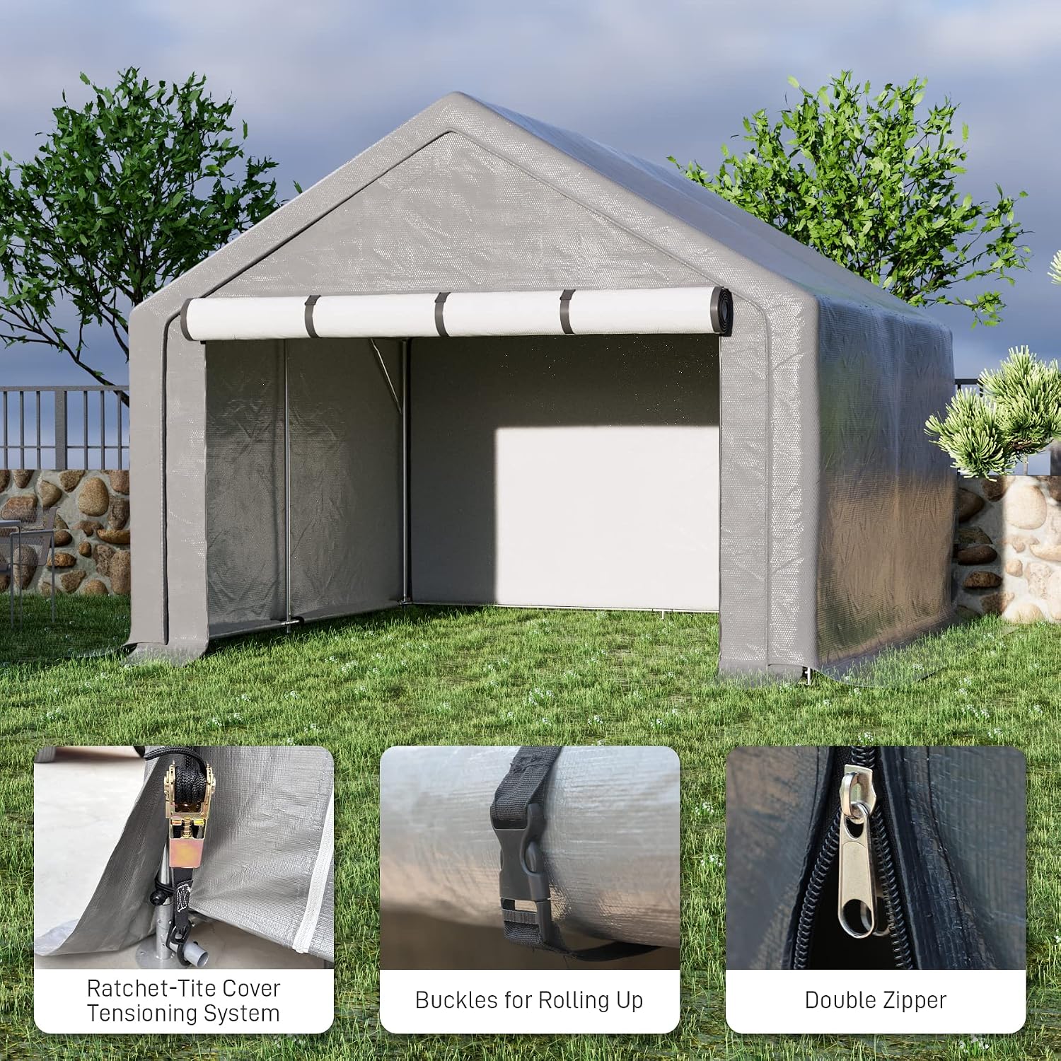 Outdoor Storage Shelter, 8x8 ft Portable Shed with Roll up Zipper Door, Waterproof and UV Resistant Anti-Snow, Heavy Duty Carport for Storing Garden Tools, Outdoor Equipment