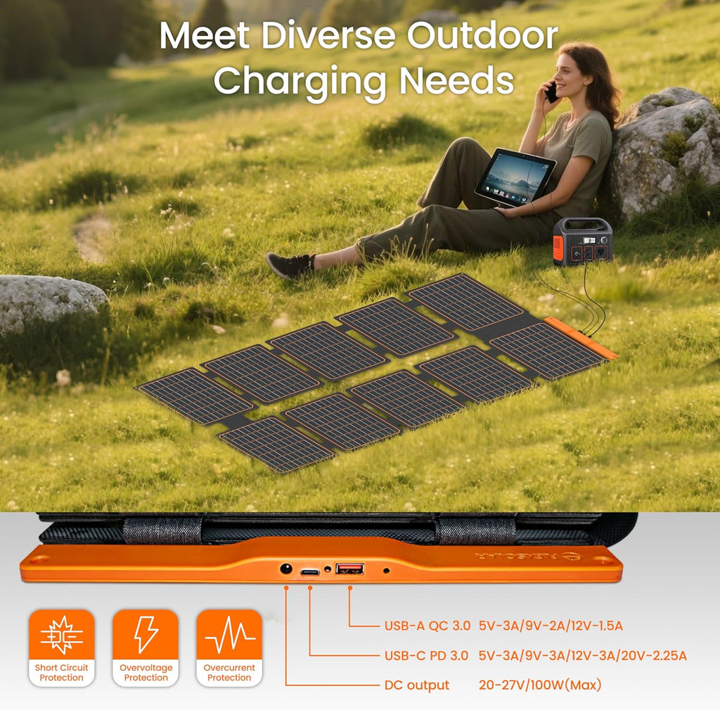 FlexSolar 2 PCS 100W Portable Solar Panels Chargers with PD3.0 USB-C,QC3.0 USB-A and DC Outputs Foldable IP67 Waterproof Power Emergency Camping