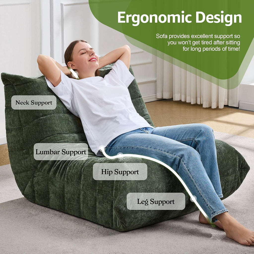 Bean Bag Chairs for Adults Giant Bean Bag Chair Memory Foam BeanBag Chair Bean Bag Sofa with Filler Faux Fur Fireside Beanbags Lazy Sofa for Living Room Bedroom Office (Green Chenille, Single)