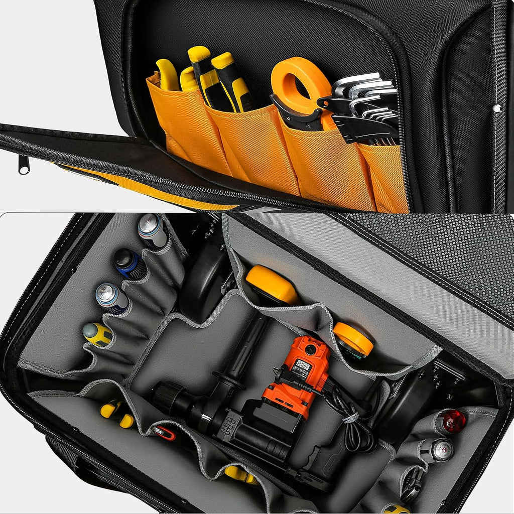 Large Rolling Tool Bag with Big Wheels, Waterproof Roller Tool Box, Big Wheeled Tool Backpack with Multiple Pockets(Yellow, Extra Large)
