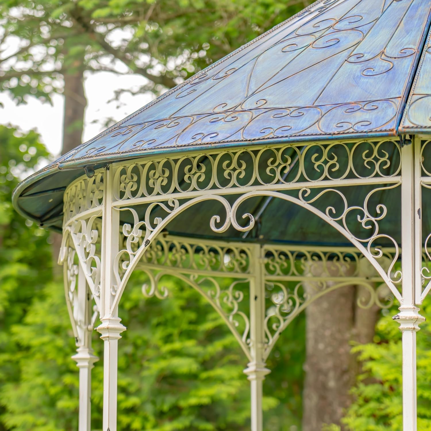 11ft. Tall Round Iron Gazebo with Four Side Walls & Flowers Baskets Seville (Antique White)