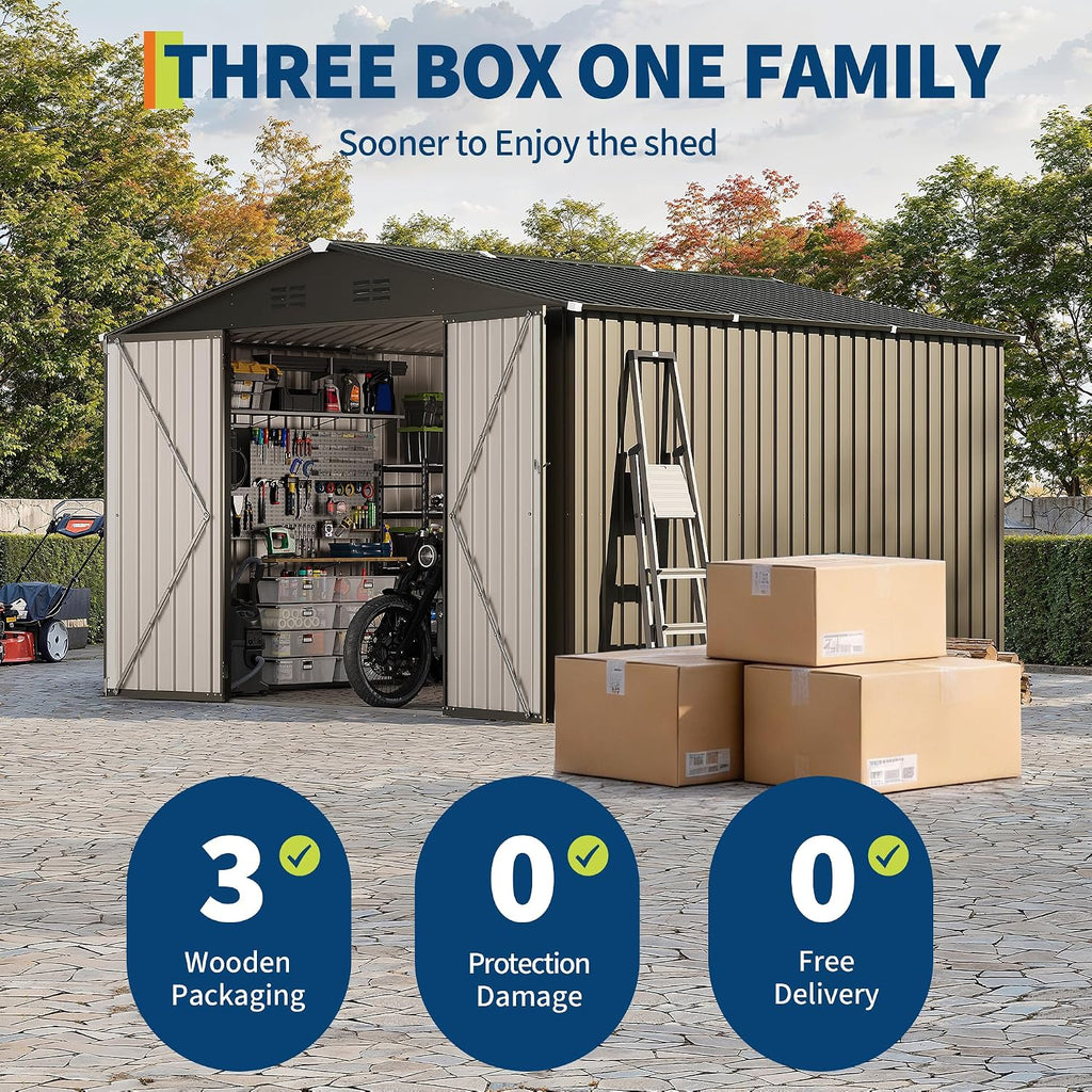 Garvee 10 X 10 FT Outdoor Storage Shed,Metal Garden Sheds&Outdoor Storage Clearance, Large Outdoor Storage Shed for Tools, Lawn Equipment, Garden Supplies - All Weather Lockable Metal Shed