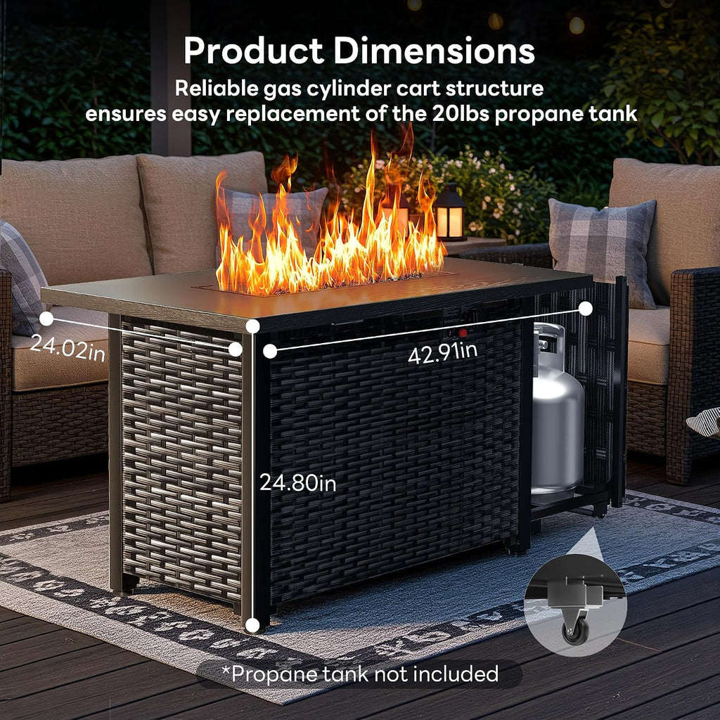 43' Outdoor Propane Fire Pit Table, 50,000 BTU Square Rattan Gas Fire Pit with Lid & Blue Crystal Stones, Steel Tabletop, Adjustable Flame, 4-in-1 FirePit Table for Patio, Backyard, Outdoor Gatherings