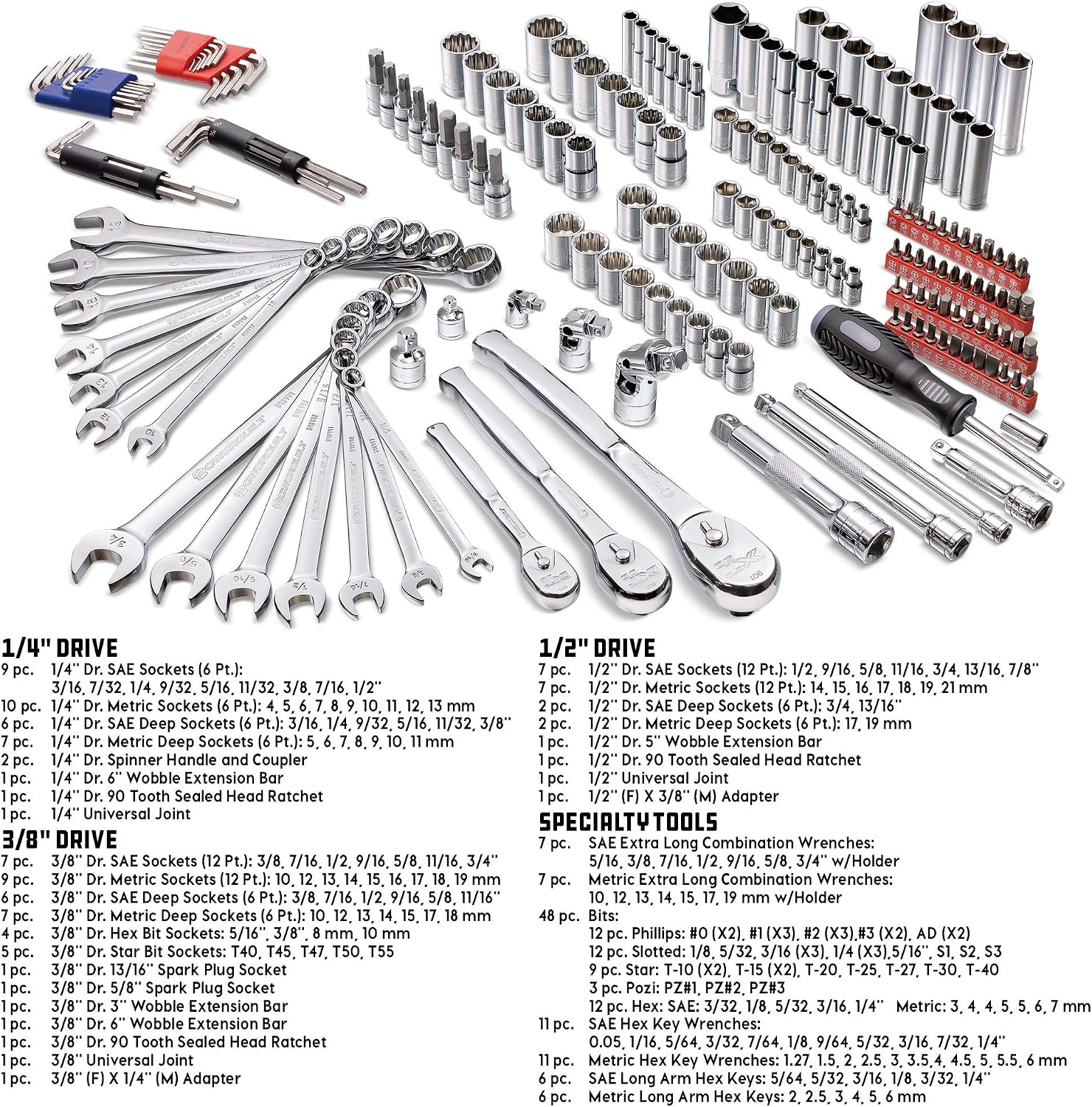 Powerbuilt 200 Piece 1/4-inch, 3/8-inch, and 1/2-inch Drive Mechanics Tool Set - with SAE and Metric Socket Set, Powerbuilt XT 90 Tooth Seal-Head Ratchets, including Case - 642472