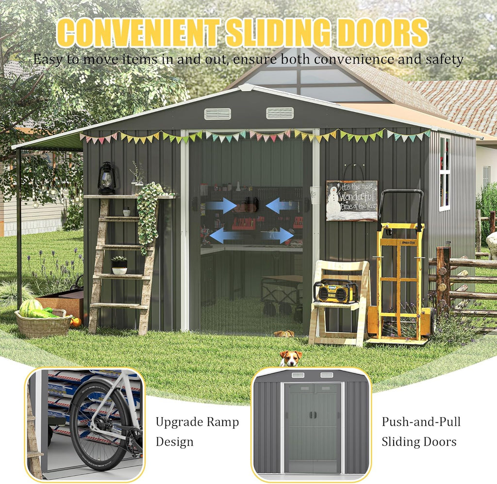 【LuckyNote】 10x12 Ft Outdoor Storage Shed, Extra Large Metal Shed with Lockable Doors, Windows, Outside Steel Tiny House Ideal for Garden, Backyard, Patio Utility, Tool Storage，3 Separate parcels