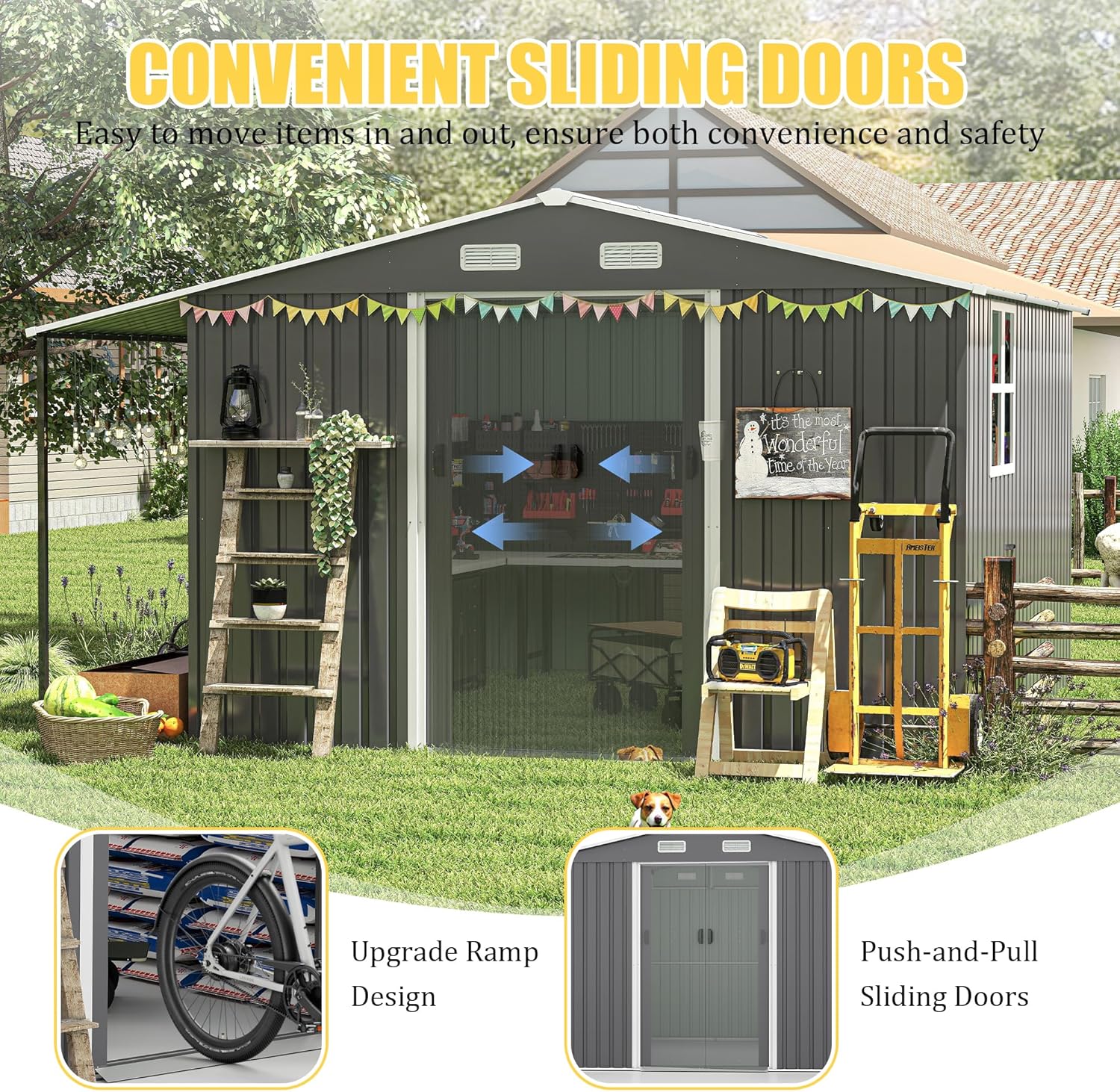 【LuckyNote】 10x12 Ft Outdoor Storage Shed, Extra Large Metal Shed with Lockable Doors, Windows, Outside Steel Tiny House Ideal for Garden, Backyard, Patio Utility, Tool Storage，3 Separate parcels