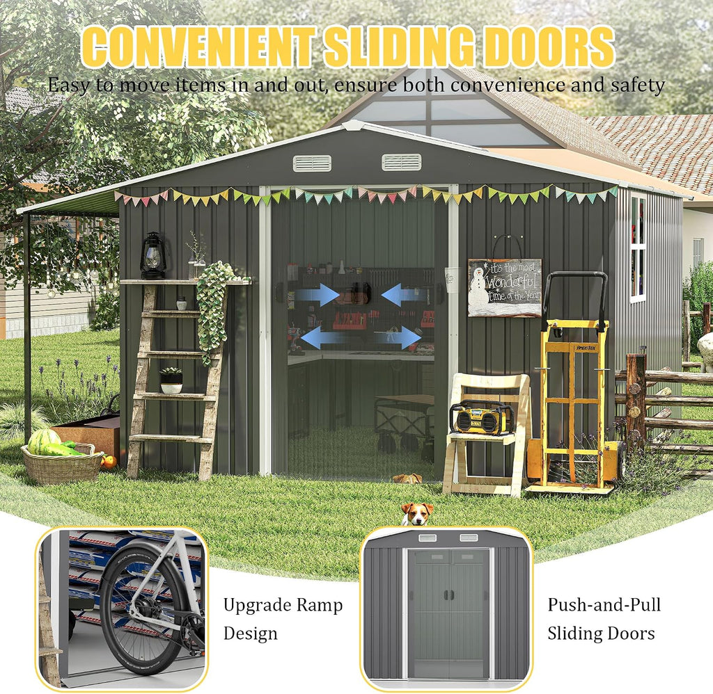 10x12 FT Outdoor Storage Shed with Sliding Lockable Doors&Windows, Extra Large Metal Shed with Dual-Zone Design, Galvanized Steel Utility Shed for Garden, Backyard,Tool Storage (Dark Gray, 10×12 FT)