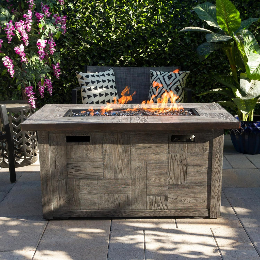 Alpine Corporation GXT974 Rectangular Wood Look Fire Pit Table with 50K BTU & Adjustable Flame, Cozy Patio Décor, 24' H, Gray