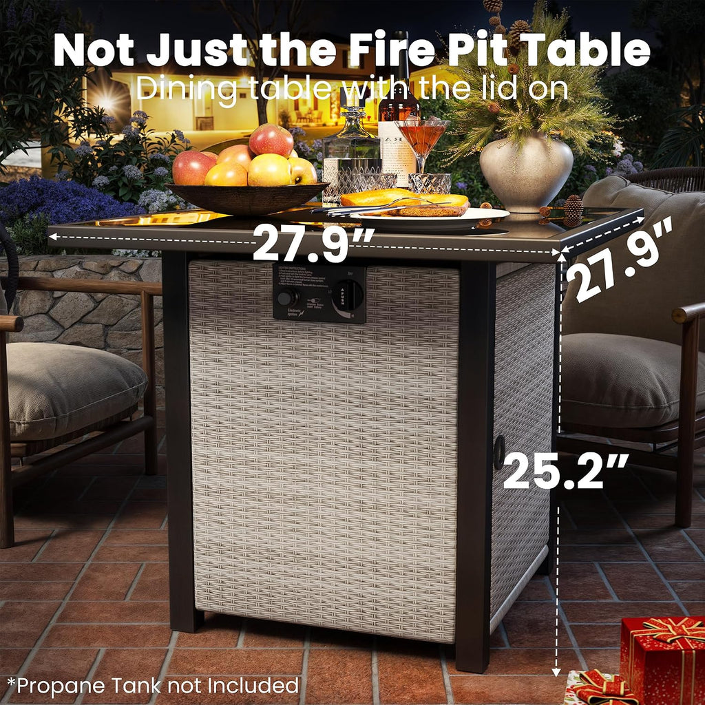 Propane Fire Pit Table, Outdoor Fire Pit Table, 27' Rattan Square Outdoor Gas Fire Pit with Glass Wind Guard, Tempered Glass Tabletop, Lid, CSA Listed, 50,000 BTU for Outside Patio Deck & Garden
