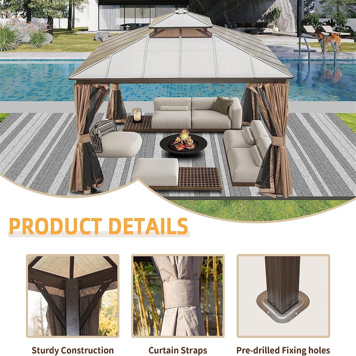 12x12Ft Hardtop Gazebo Outdoor Patio Gazebos with Polycarbonate Double Roof Aluminum Frame Pavilion with Curtain and Netting for Garden Patio Lawns Deck Backyard, Brown