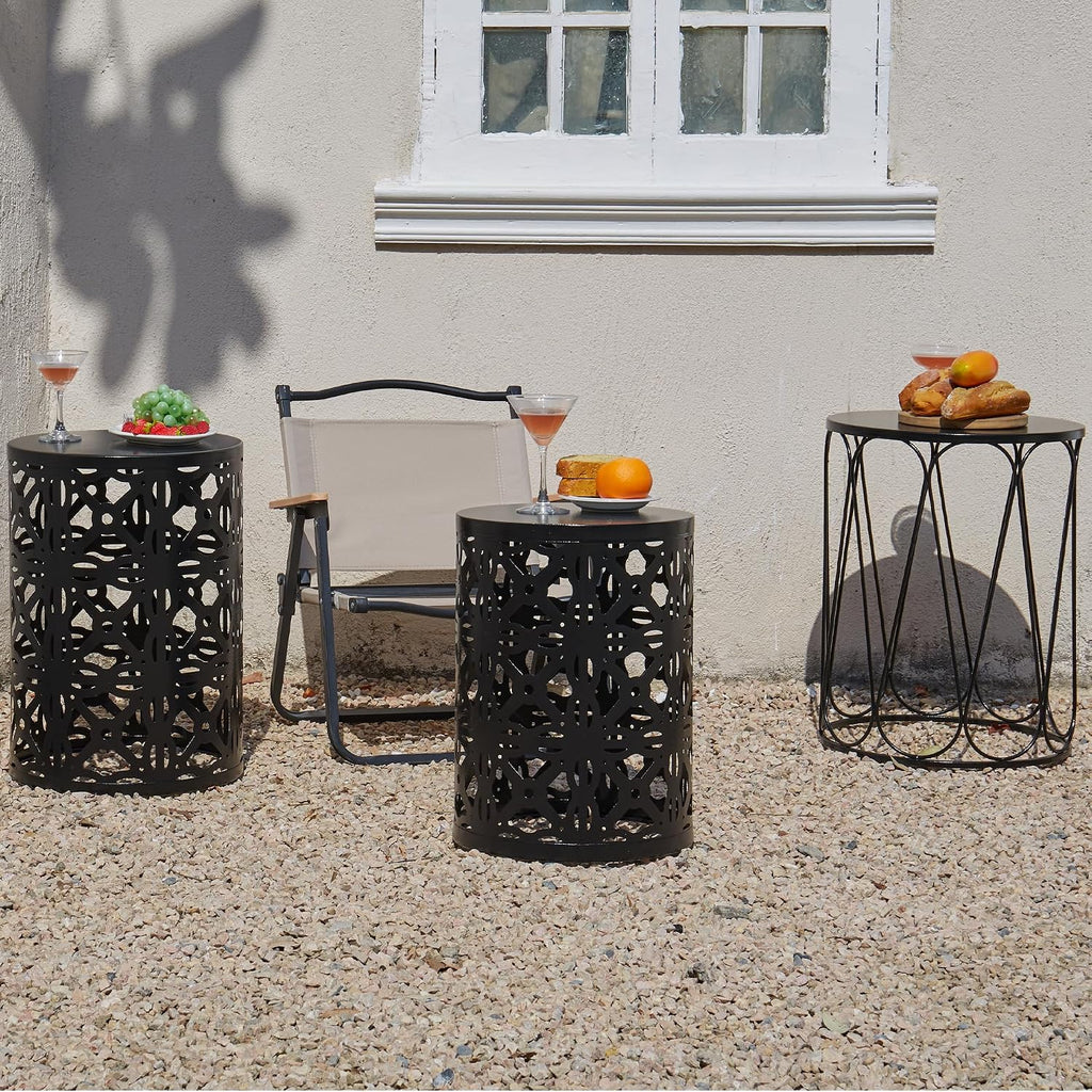 Y&M Set of 3 Garden Black Accent Decorative Stool, Nesting Metal Round Coffee Table, Black End Tables, Heavy Duty Meta Plant Stand Decorative Garden Stool, Outdoor Multifunctional Use