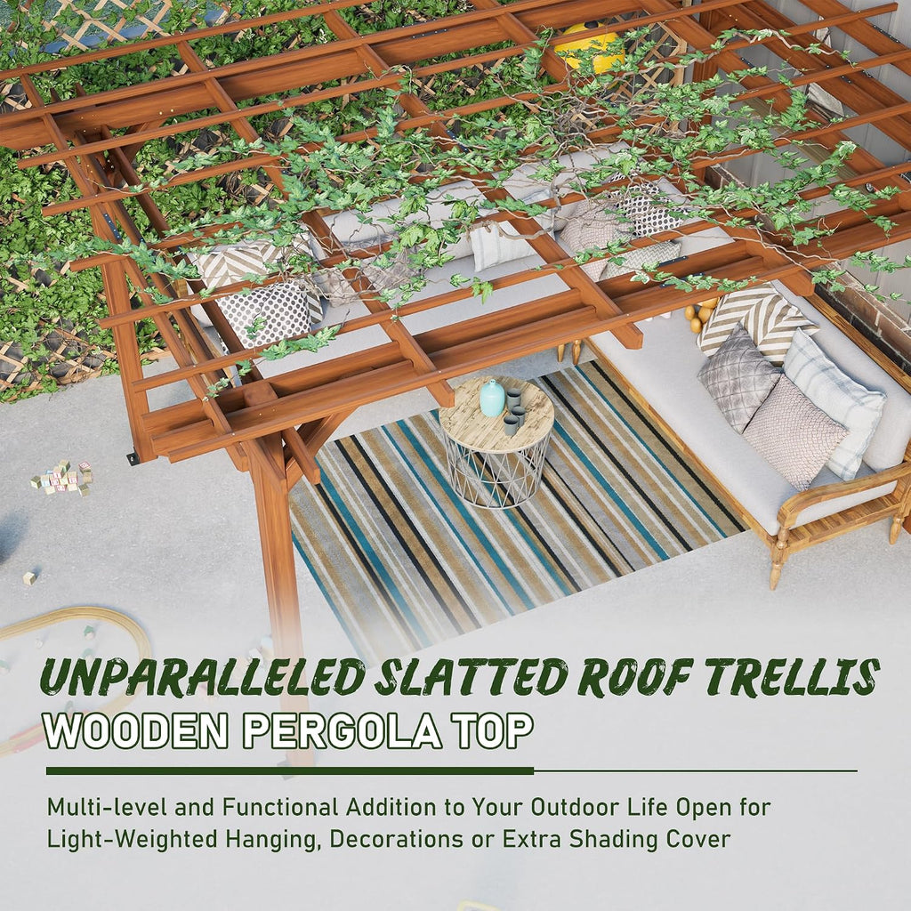 12' x 10' Outdoor Wood Pergola, Wooden Pergola Grape Trellis, Perfect for Climbing Plant Support, Garden, Terrace, Backyard, Deck, Brown