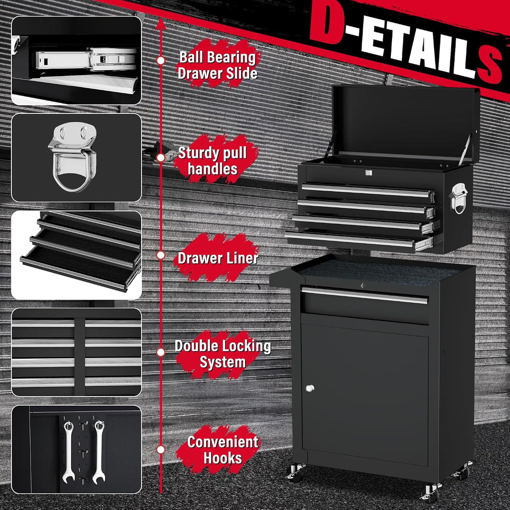Greenvelly Metal Tool Chest,5-Drawer Black Tool Box with Wheels,2 in 1 Detachable Tool Cabinets with Liners and Locking System for Warehouse, Garage,Workshop, Barbershop