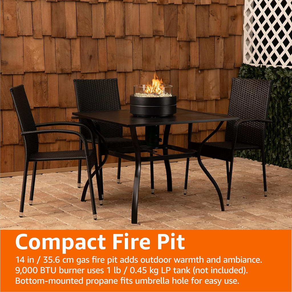 Amazon Basics 14-Inch Round Propane Fire Pit, 9000 BTU Portable Tabletop Fireplace with Glass Stones, Umbrella Hole Compatible for Outdoor Patio Tables, Gas Fire Pit for Dining, Brown