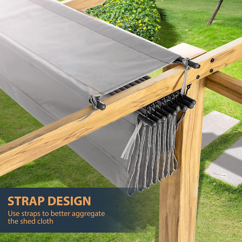 HAPPATIO 10' X 13' Wood-Grain Aluminum Pergola - Adjustable Sun Shade Canopy with Retractable Roof for Backyard, Deck, Patio, by The Pool（Gray）