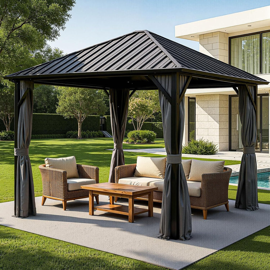 10x10 Hardtop Aluminum Gazebo, Outdoor Metal Gazebo with Netting & Curtains - Heavy Duty Iron Roof for Patios, Waterproof & Snow Load Resistant (Single Hardtop Gazebo)