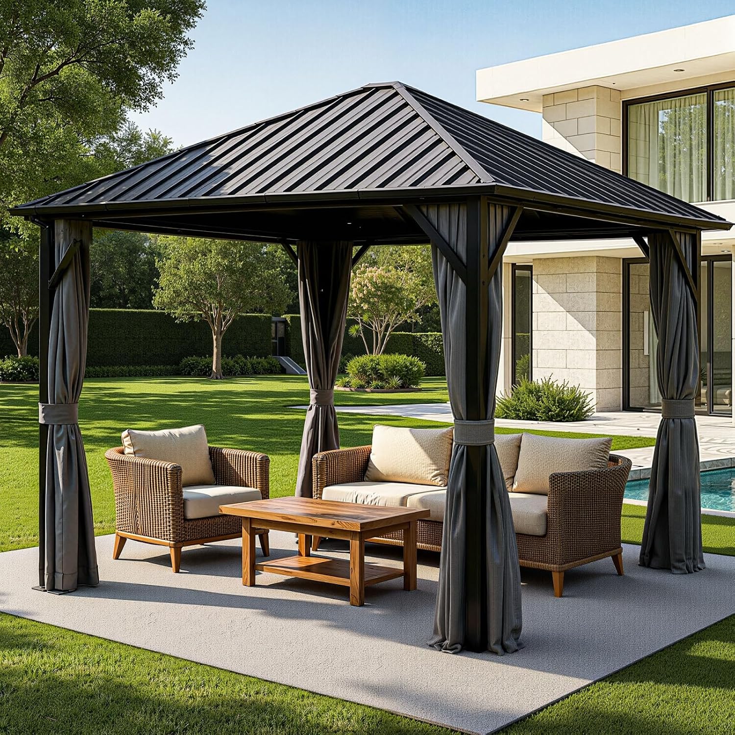 10x10 Hardtop Aluminum Gazebo, Outdoor Metal Gazebo with Netting & Curtains - Heavy Duty Iron Roof for Patios, Waterproof & Snow Load Resistant (Single Hardtop Gazebo)