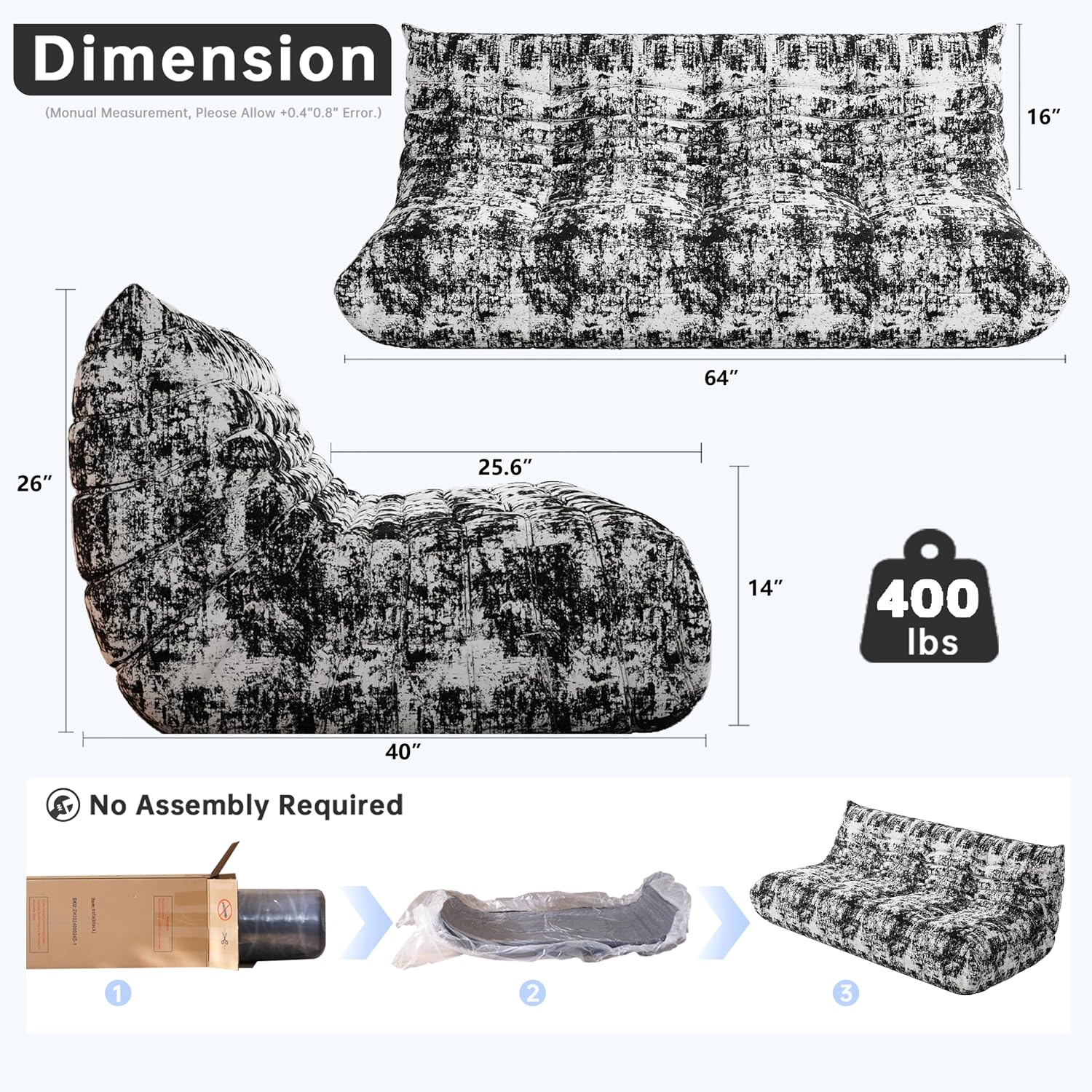 WHGBJA Bean Bag Chairs for Adults, BeanBag Reading Chair Memory Foam Couch 3-Seater, Floor Chair Soft Teddy Material, Comfy Reading Nook Chairs for Bedroom Living Room Office (Ink Painting)