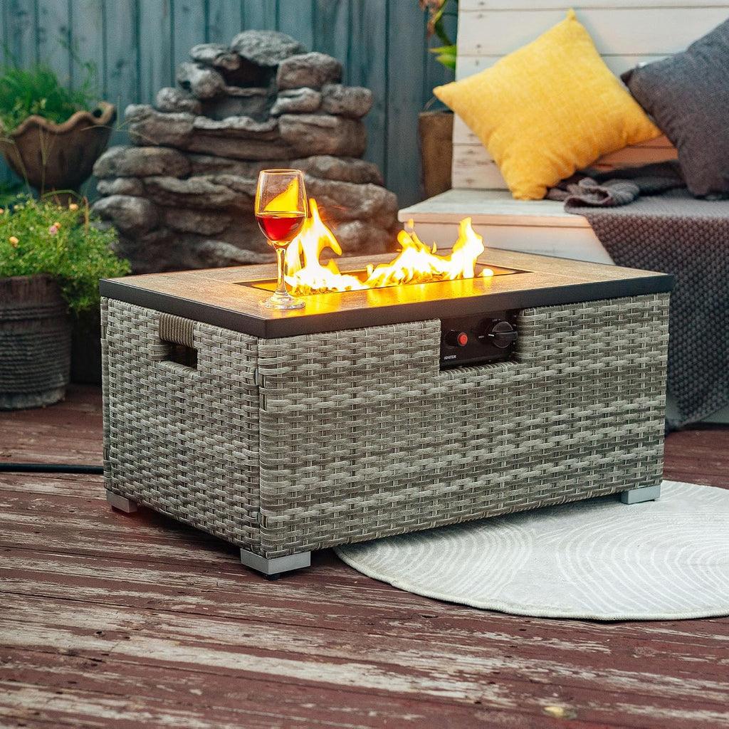32in Gas Fire Pit Table Set, 50,000 BTU Propane Fire Pit Table Outdoor with Rain Cover, Hideaway Tank Holder Fits 20lb Tank, Gas Fire Pit for Outside w/Ceramic Tabletop and lid, Glass Rocks.