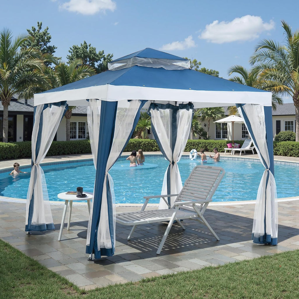 Sunjoy 8 x 8 ft. Soft Top Gazebo, Outdoor Patio Backyard Modern 2-Tier Steel Frame Gazebo with Mesh Netting - Navy Blue & White