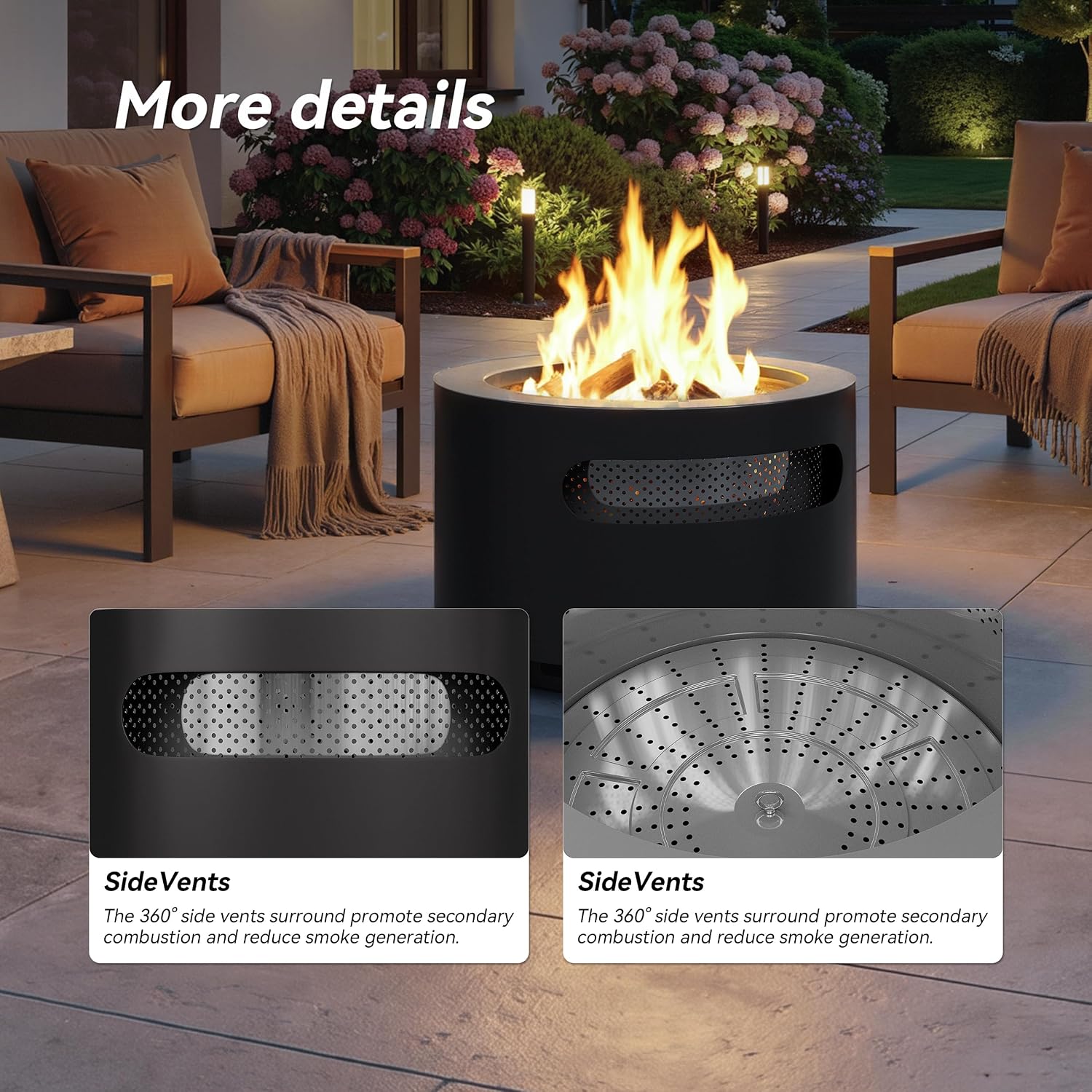 ALAULM 25 Inch Smokeless Fire Pit Tabletop, Stainless Steel Wood Burning Firepit for Outdoor Patio, Includes Weather-Resistant Cover