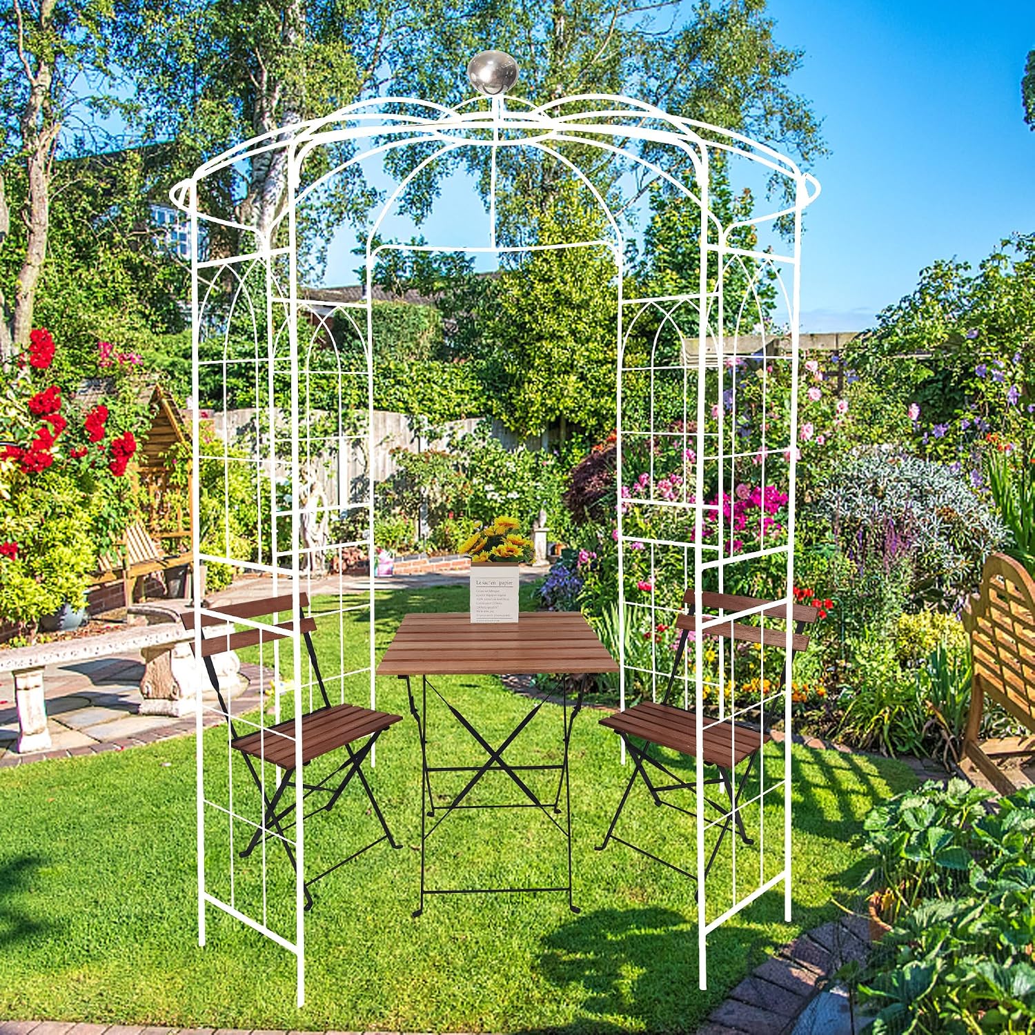 Metal Outdoor Garden Arch Iron Arbors Gazebo with Powder Coating Surface Treatment,High Birdcage Shape Pergola Pavilion,W/Screws,for Wedding Ceremony,Yard,White,81.3'x 114.2'
