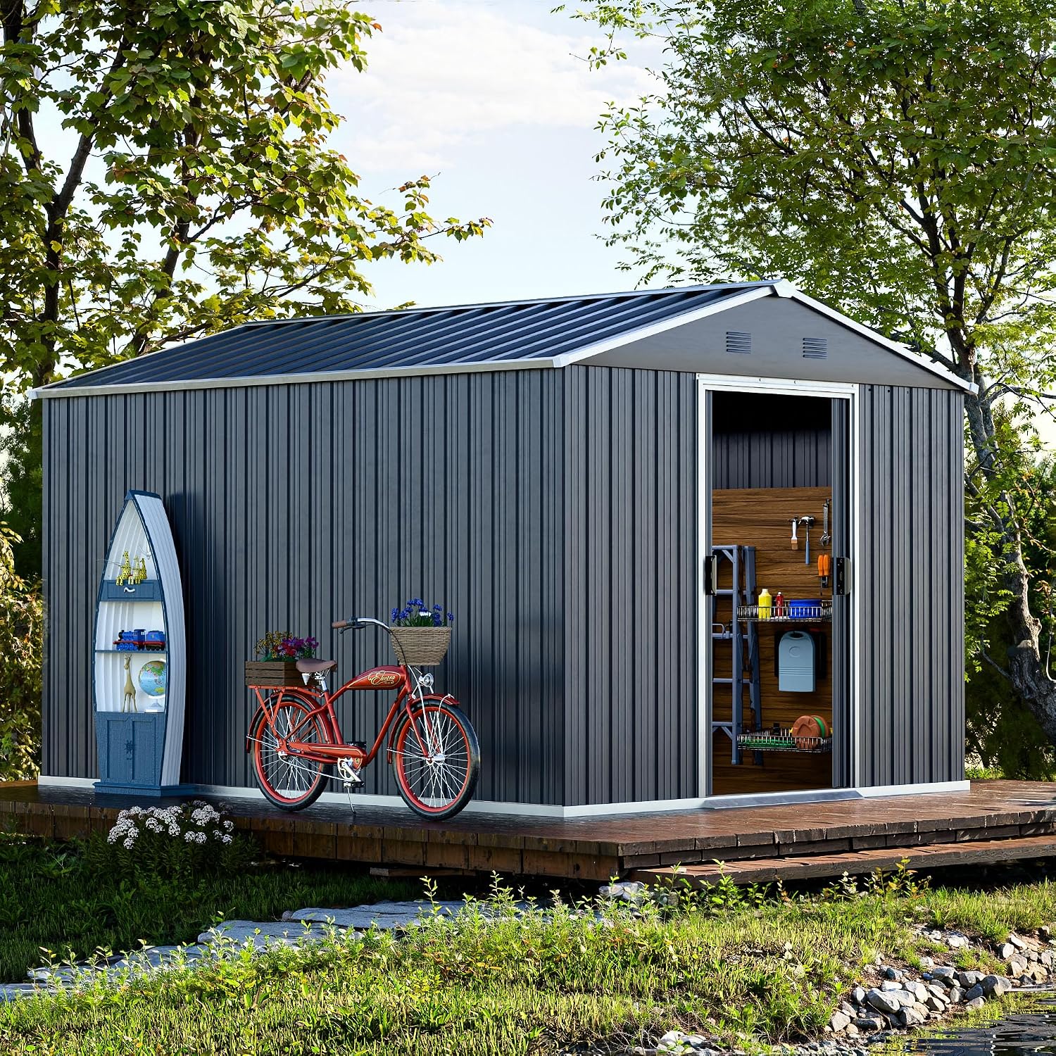 Metal Shed 8x10x6 FT - Steel Tool Storage with Sliding Door and Air Vents - Outdoor Bike Sheds for Garden, Backyard, Patio - Utility Outdoor Storage