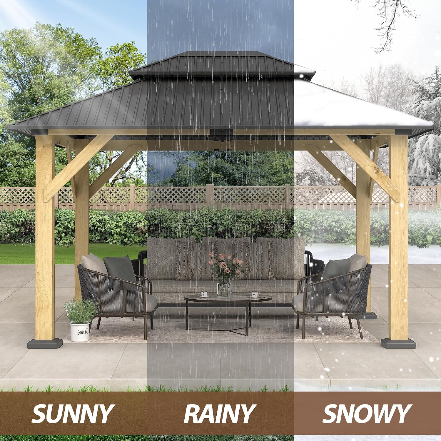 10'x12' Wood Gazebo,Outdoor Cedar Wood Hardtop Gazebo with Galvanized Steel Double Roof, Wooden Frame Gazebos for Patio, Backyard, Deck