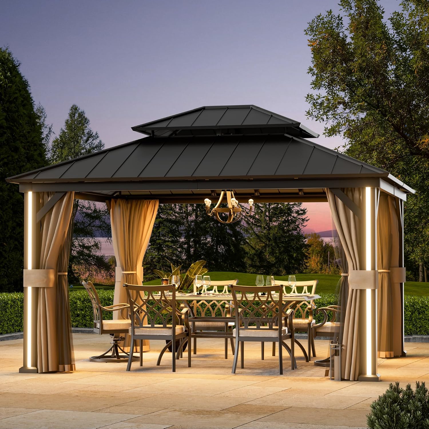 Big Leaf 12' x 14' Hardtop Gazebo with LED Strip Lights – Galvanized Steel Double Roof, USB and USB-C connectors, Mosquito Netting and Curtains – Outdoor Metal Gazebo for Decks and Backyards, Black