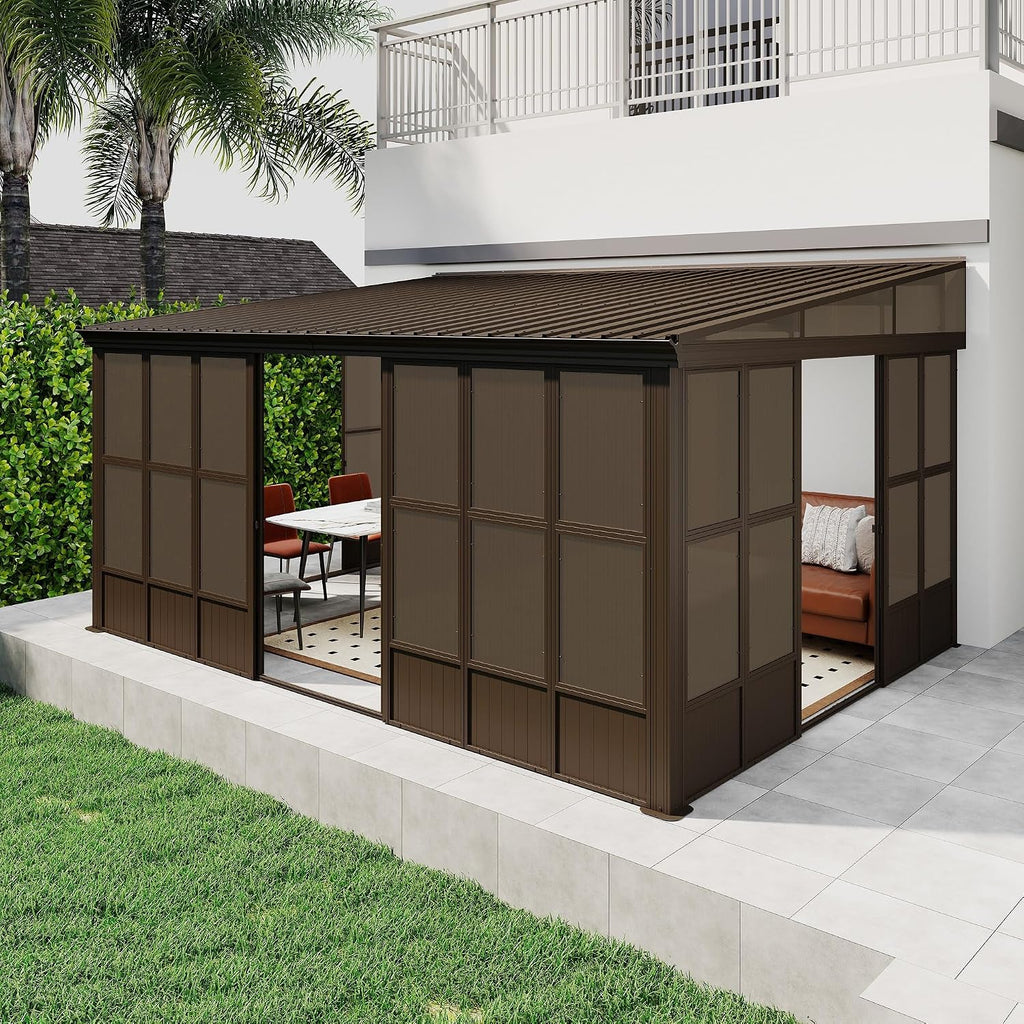 Domi 12x16FT Sunroom, Wall Mounted Sunroom Kit with Galvanized Steel Sloping Roof, Outdoor Sunroom Gazebo with Detachable PC Screen, 3 Sliding Double Doors, Lean to Sun Room for Patio, Deck