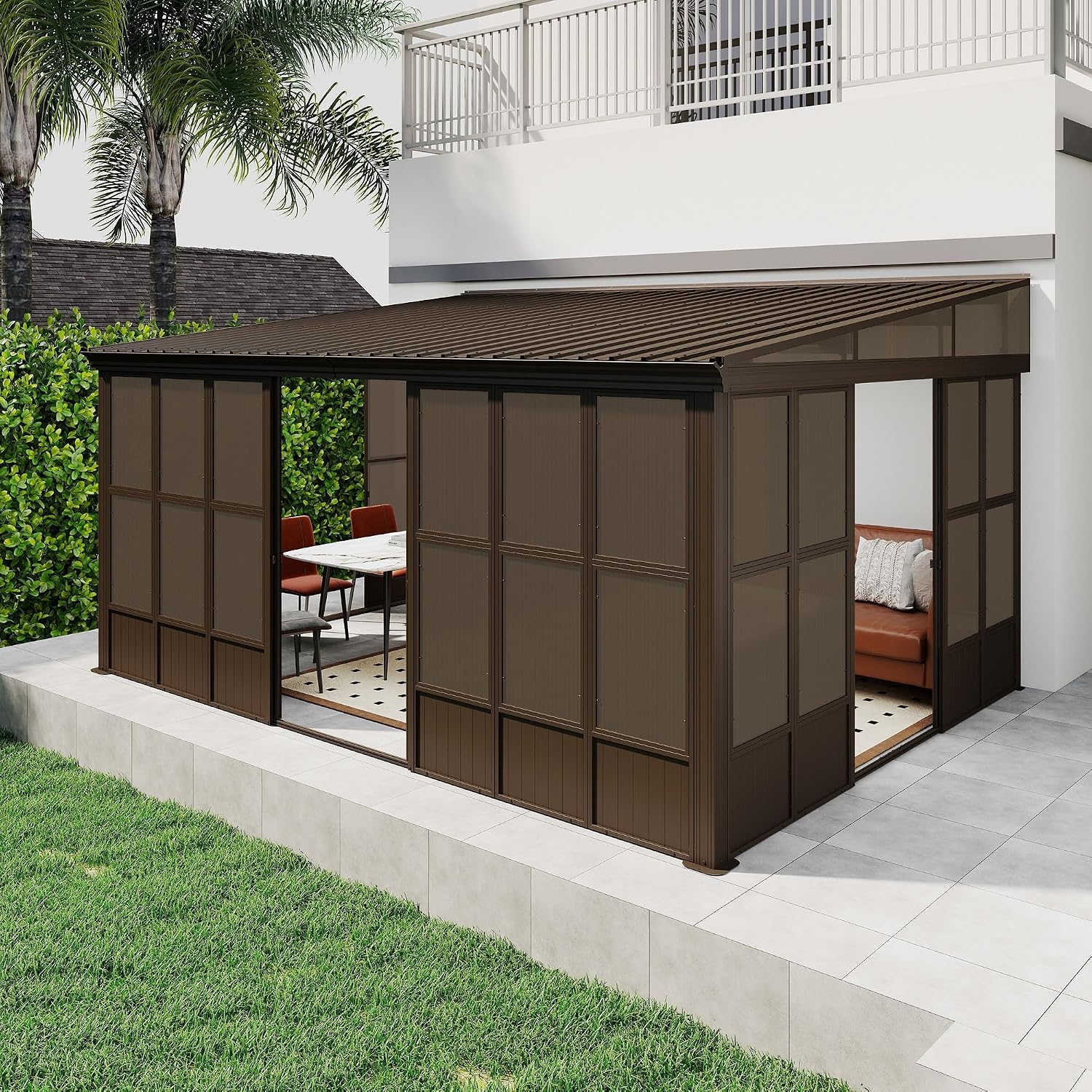 Domi 12x16FT Sunroom, Wall Mounted Sunroom Kit with Galvanized Steel Sloping Roof, Outdoor Sunroom Gazebo with Detachable PC Screen, 3 Sliding Double Doors, Lean to Sun Room for Patio, Deck