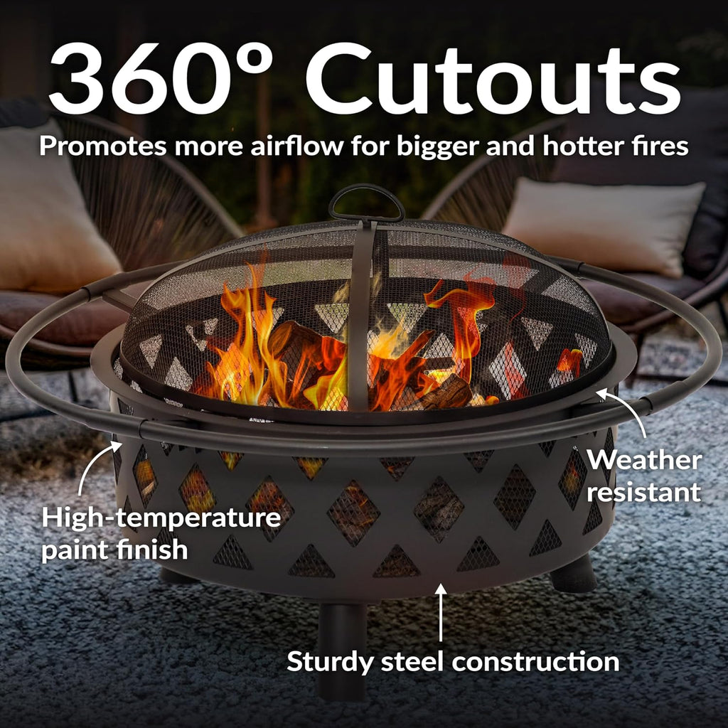 Sunnydaze Crossweave Outdoor Fire Pit - Wood-Burning Fire Pit for Outside with Spark Screen, Poker and Round Cover - 30-Inch - Black