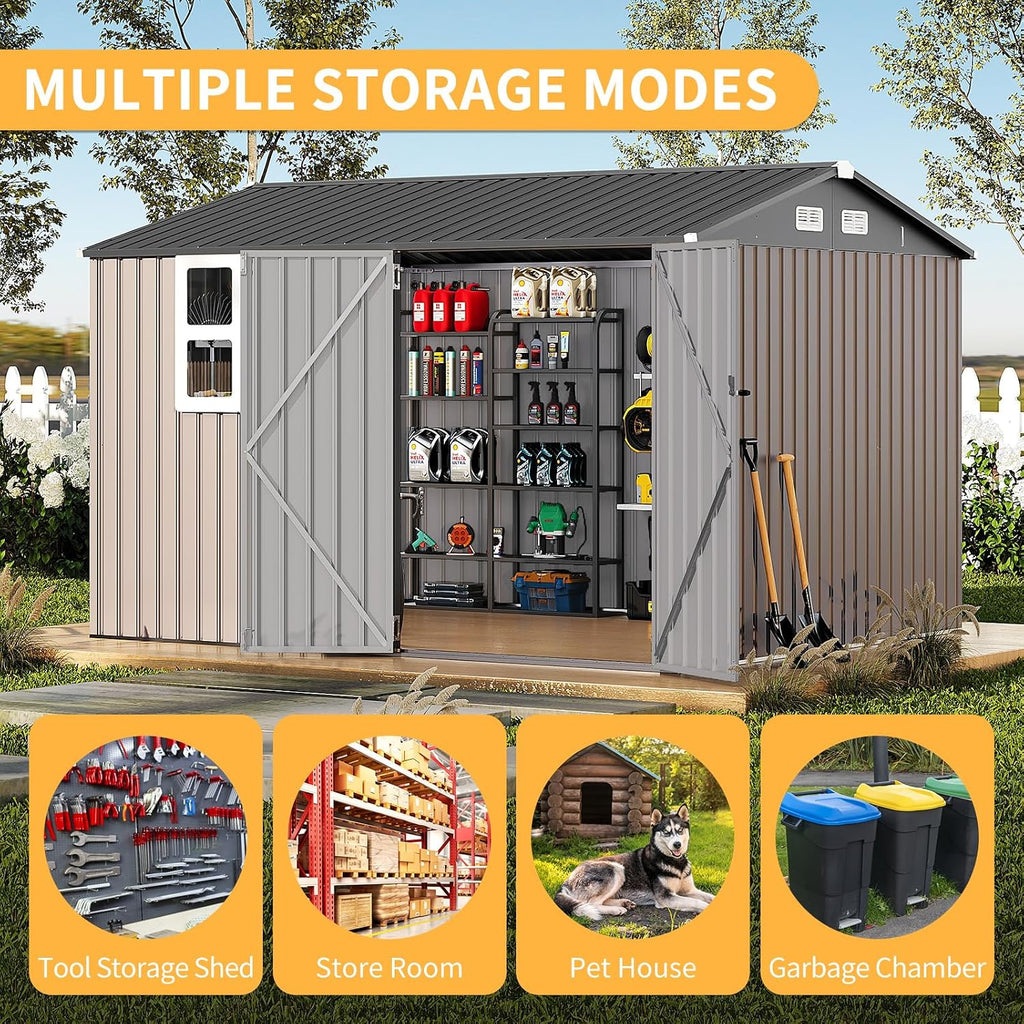 10x8FT Outdoor Steel Storage Shed with Clear Window, Lockable Doors, Weather-Resistant Metal Tool Shed for Garden, Backyard, Patio, and Utility Storage,Brown