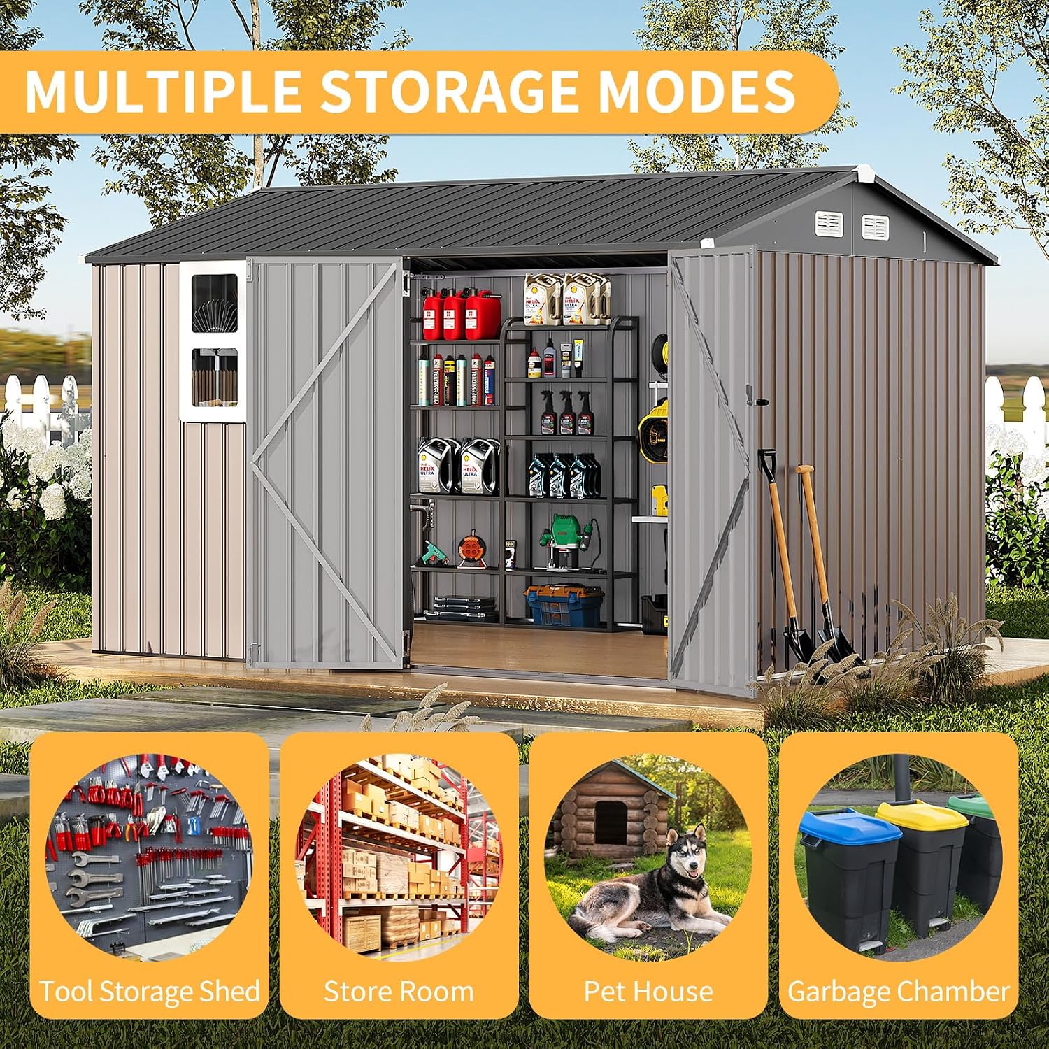 10x8FT Outdoor Steel Storage Shed with Clear Window, Lockable Doors, Weather-Resistant Metal Tool Shed for Garden, Backyard, Patio, and Utility Storage,Brown