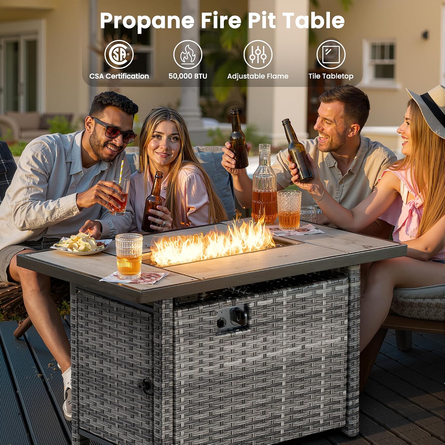 OVIOS 42 Inch Outdoor Patio Fire Pit Table, 50,000 BTU Heater PE Rattan Propane Firepits with Ceramic Tabletop, Waterproof Cover, Steel Lid and Lava Rock, Rectangular, Grey
