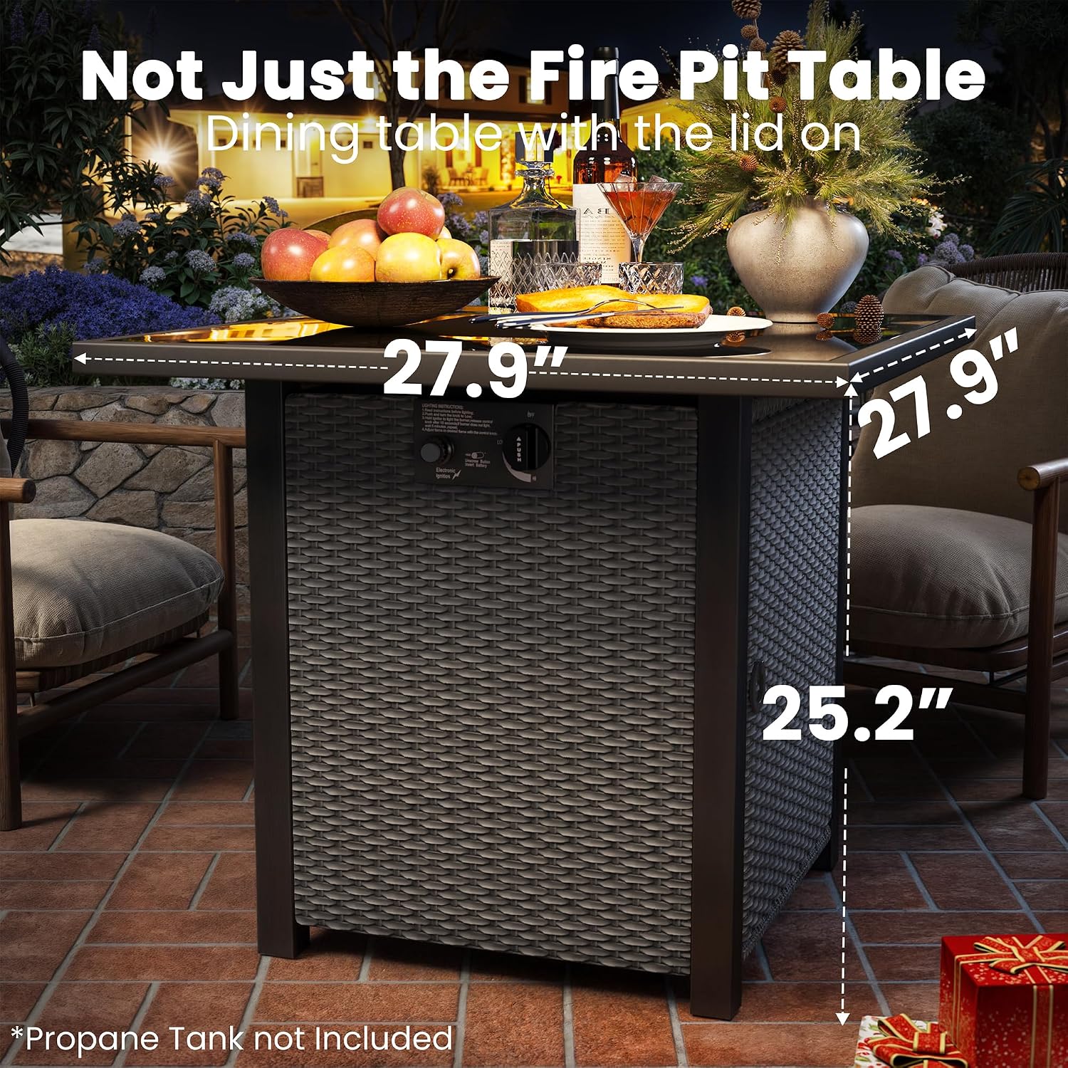 Propane Fire Pit Table, Outdoor Fire Pit Table, 27' Rattan Square Outdoor Gas Fire Pit with Glass Wind Guard, Tempered Glass Tabletop, Lid, CSA Listed, 50,000 BTU for Outside Patio Deck & Garden,Black