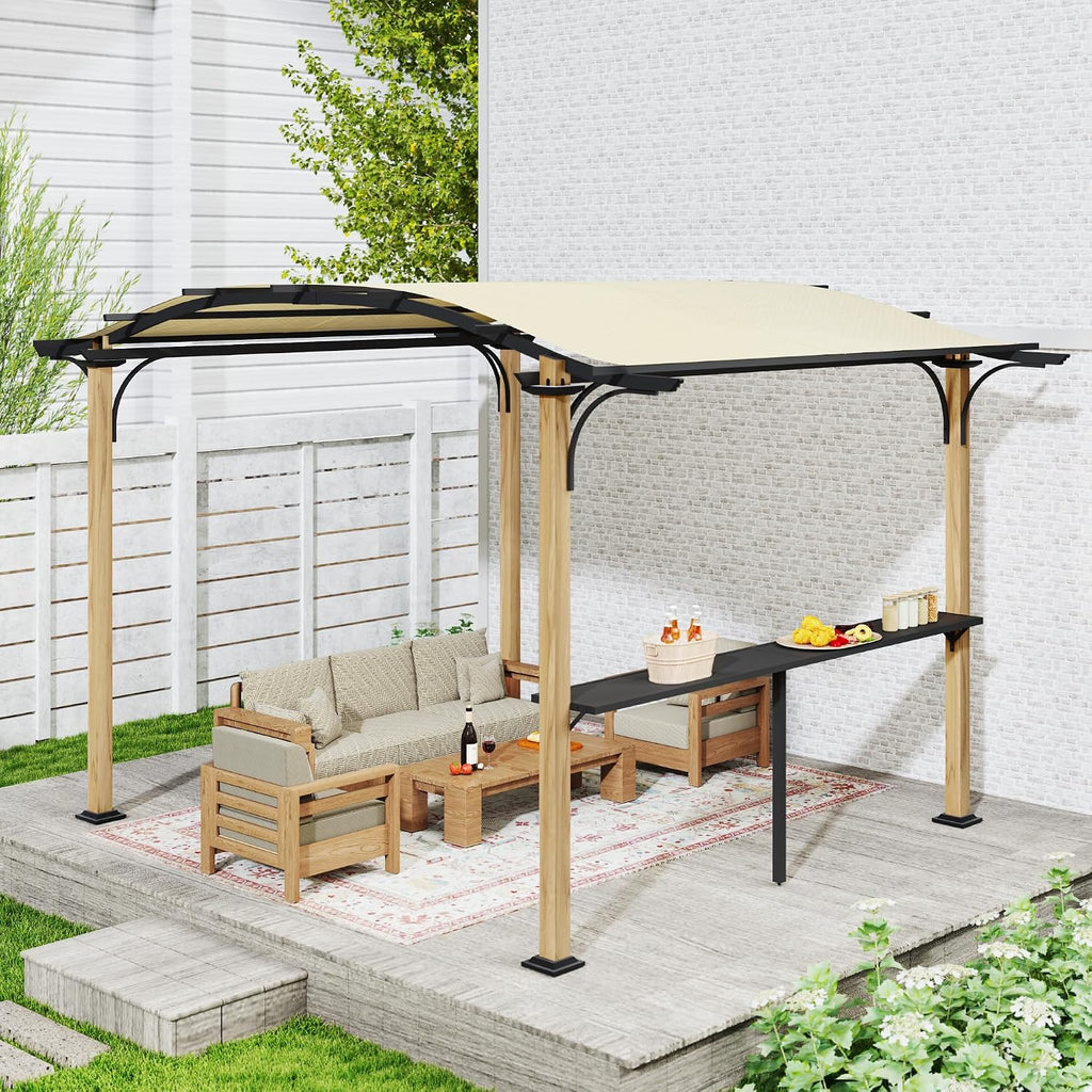 10' x 13' Arched Top Outdoor Pergola, Aluminum Frame Gazebo with Storage Shelf, Wood-Like Frame Patio Pergola Shade for Patio, Backyard, Garden, Poolside, Beige