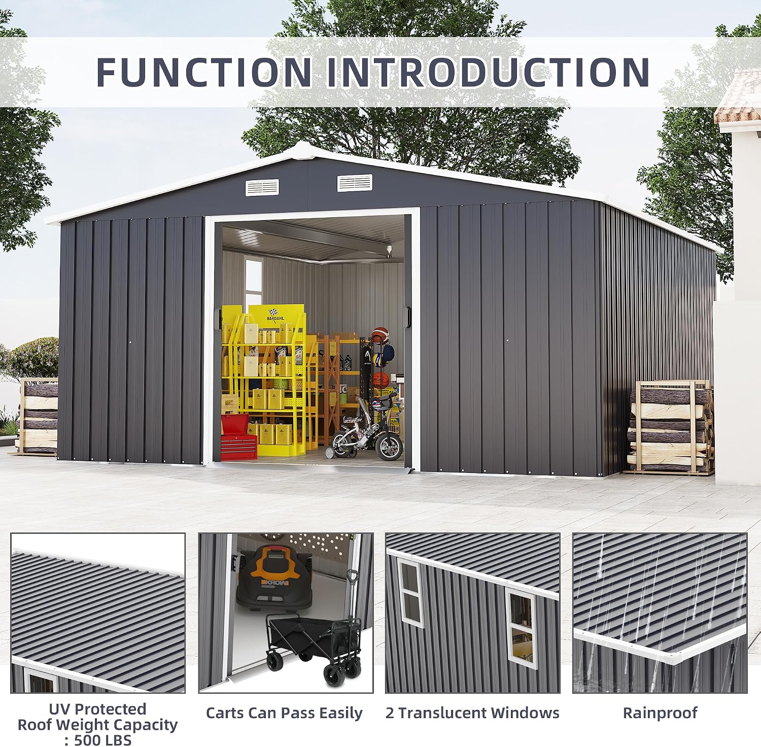 KEIKI 10' x 12' Metal Garden Storage Shed with Foundation Kit, Double Door Outdoor Tool Shed with 2 Windows, Color Steel Construction, Dark Gray
