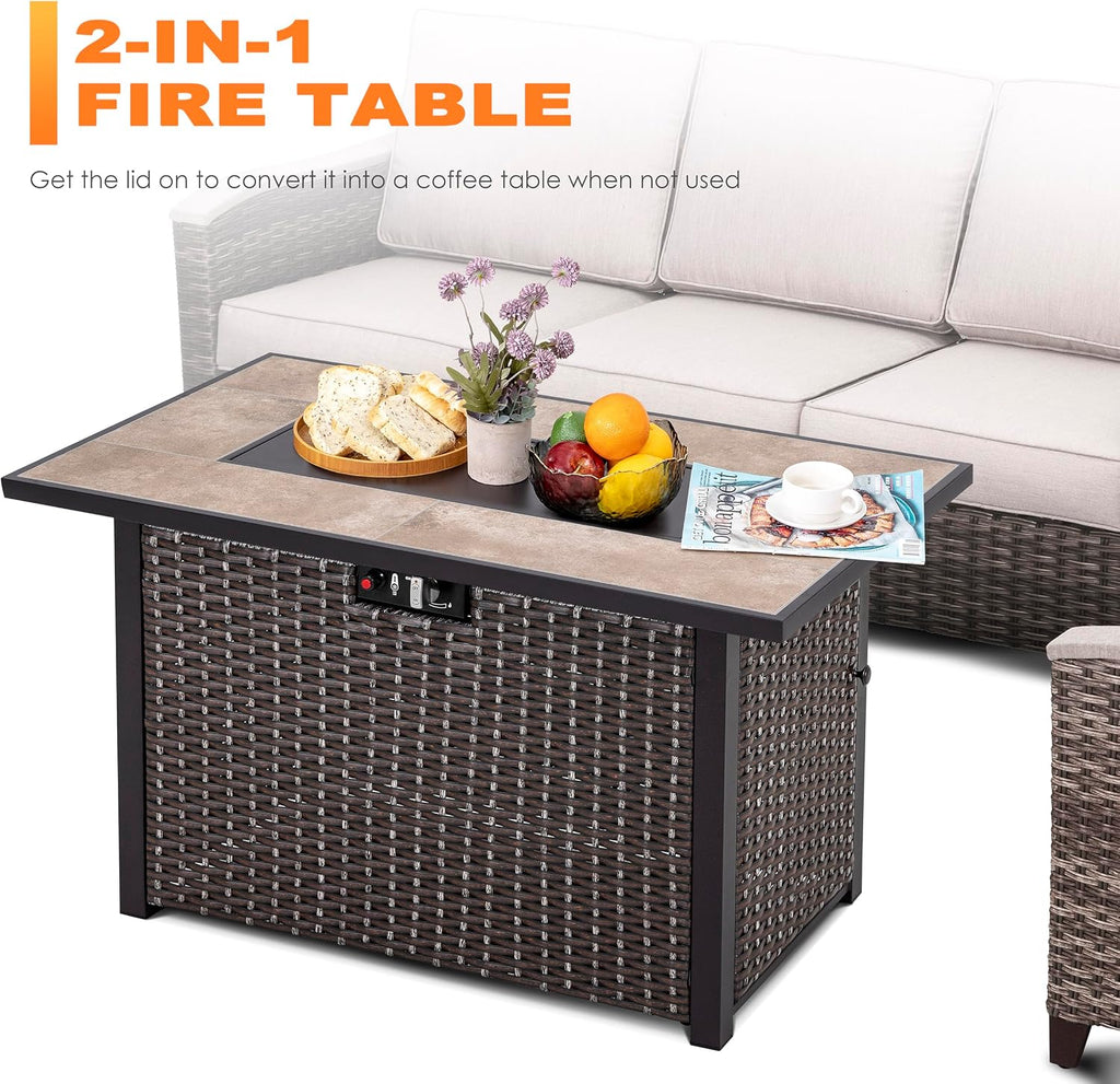 Nuu Garden Propane Fire Pit Table, CSA Certified 43 Inch 50,000 BTU Outdoor Gas Fire Pit Table with Ceramic Tabletop, 7 lbs Glass Stone and Oxford Cover, Dark Brown and Coffee