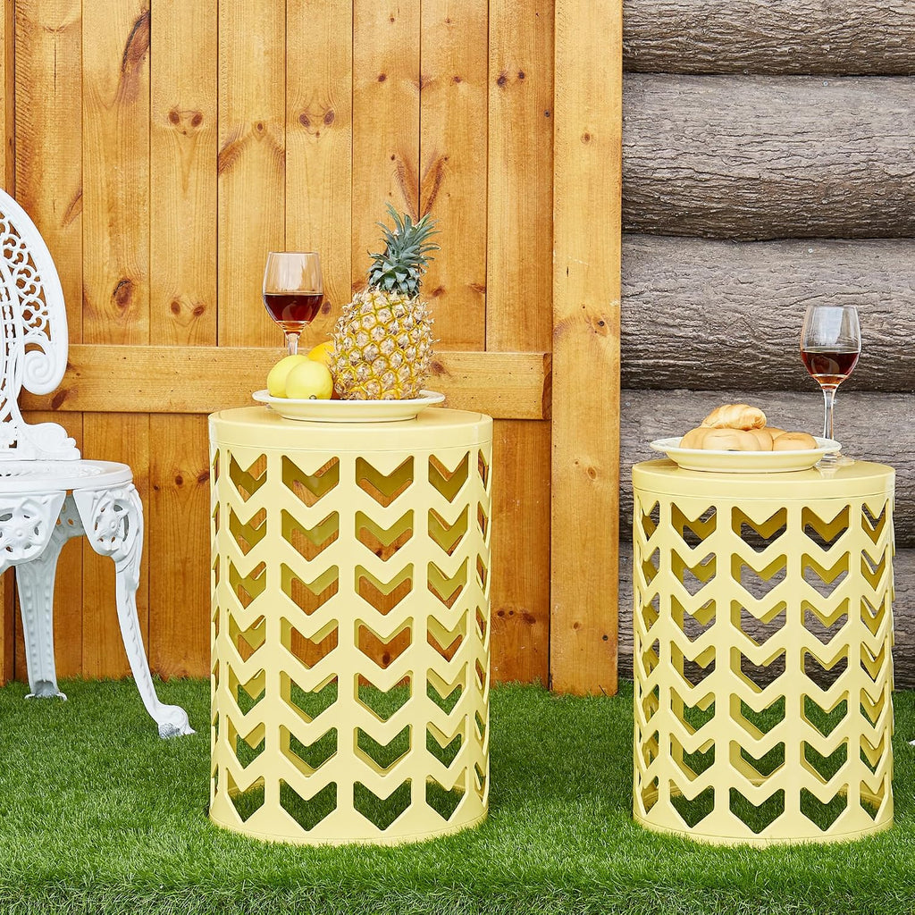 Y&M Set of 3 Nesting Metal Round Coffee Table, Side Table End Table for Indoor Outdoor Multifunctional Use,Heavy Duty Metal Plant Stand Decorative Garden Stool- Yellow(Ship from US)