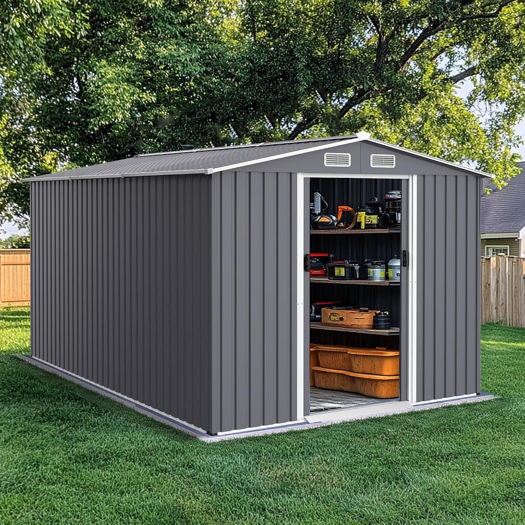 Shed with Windows,Large Metal Outdoor Storage Shed, Lockable Tool Storage shed, Steel Garden shed, Suitable for Backyard, Terrace, and Poolside (Grey+Metal, 8FTx12FT)